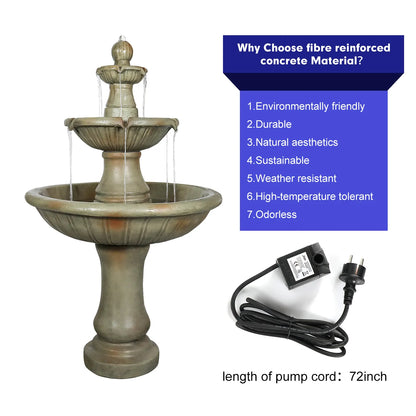 Concrete Fluted 3 Tier Outdoor Water Fountain 51 Inch beside a pump and cord on a white background with text.