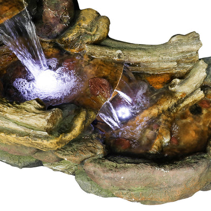 Resin Driftwood Creek Horizontal Outdoor Fountain 39 in close-up of the long basin and two illuminated water cascades.
