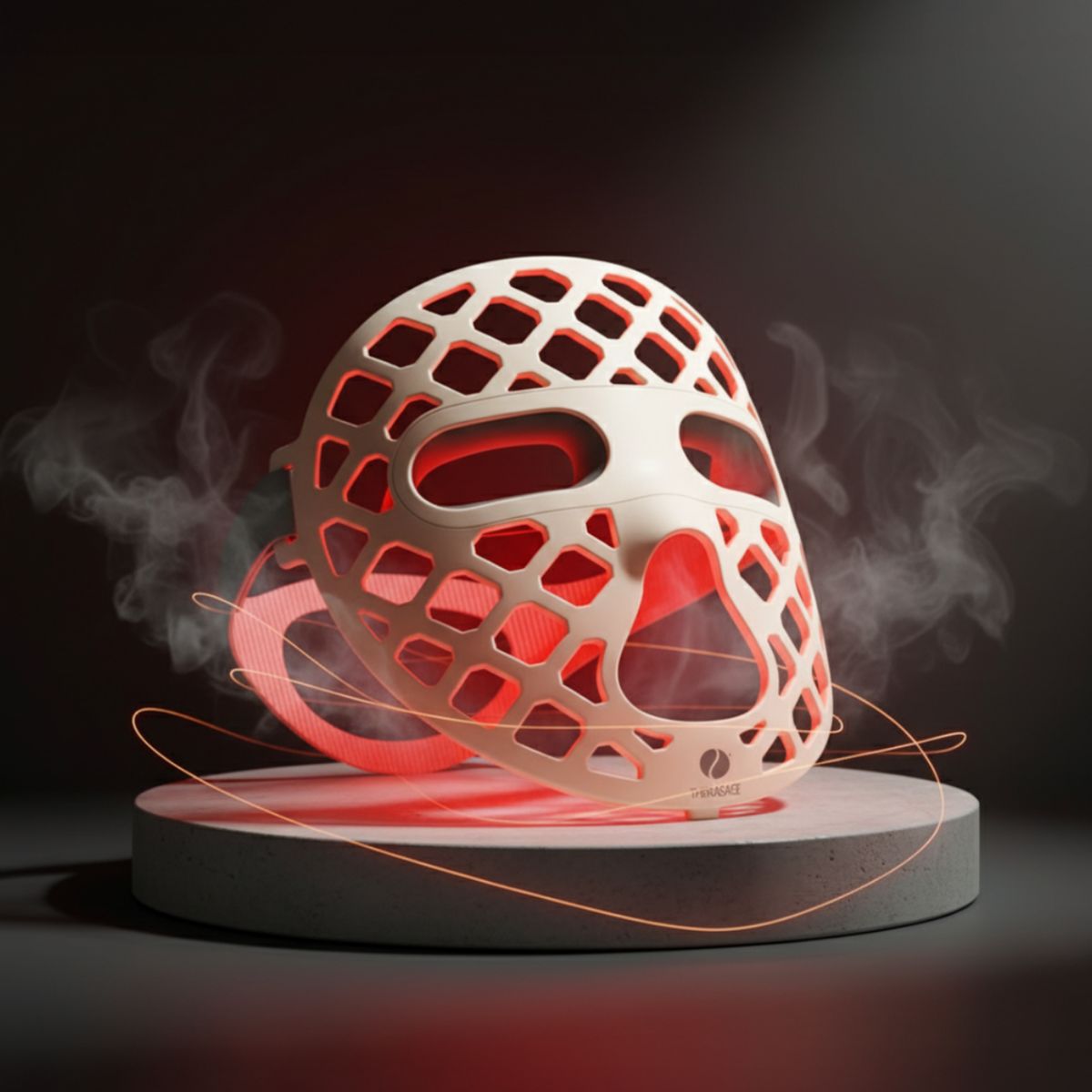 TheraGlow Mask2Go+™ LED Light Therapy Face Mask glows red on a round pedestal amid wisps of smoke.