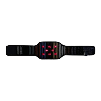 REVA Multifunctional Infrared Heat belt laid flat, showing its ribbed center and glowing red nodes on white.