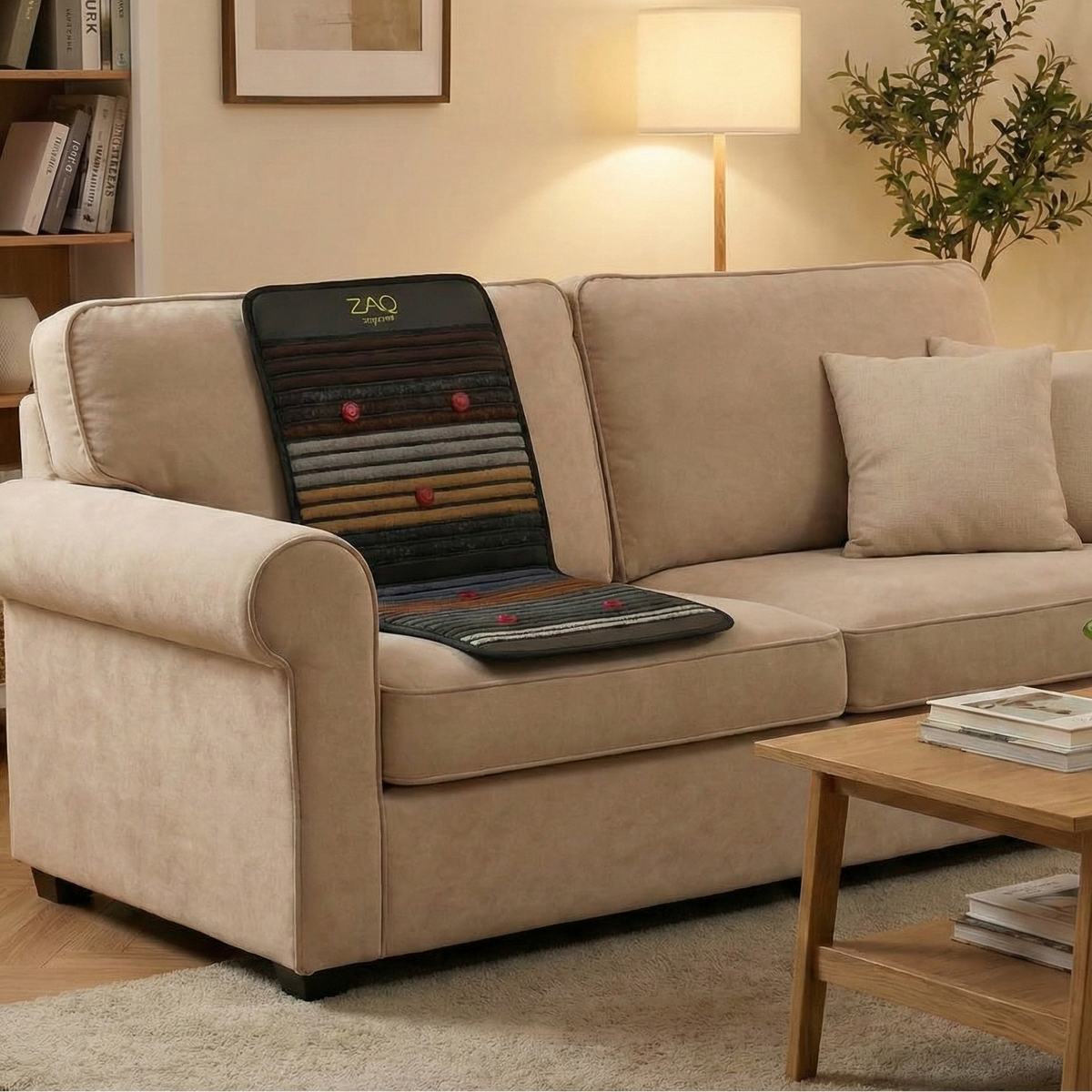 Infrared PEMF Travel Mat propped across a beige sofa seat and back in a warmly lit living room.