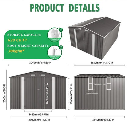 SUSUA10x12FT Outdoor Storage Shed  Metal Garden Shed with Double Door Two Window Waterproof Tool Shed for Backyard Patio Lawn