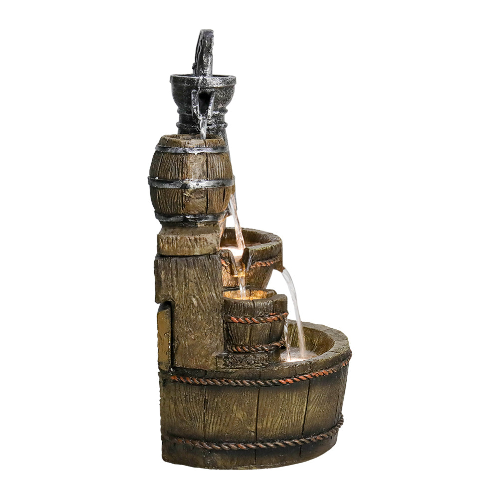 Resin Broken Barrel Rustic Outdoor Fountain 25 Inch LED shown from the side against a plain white background.