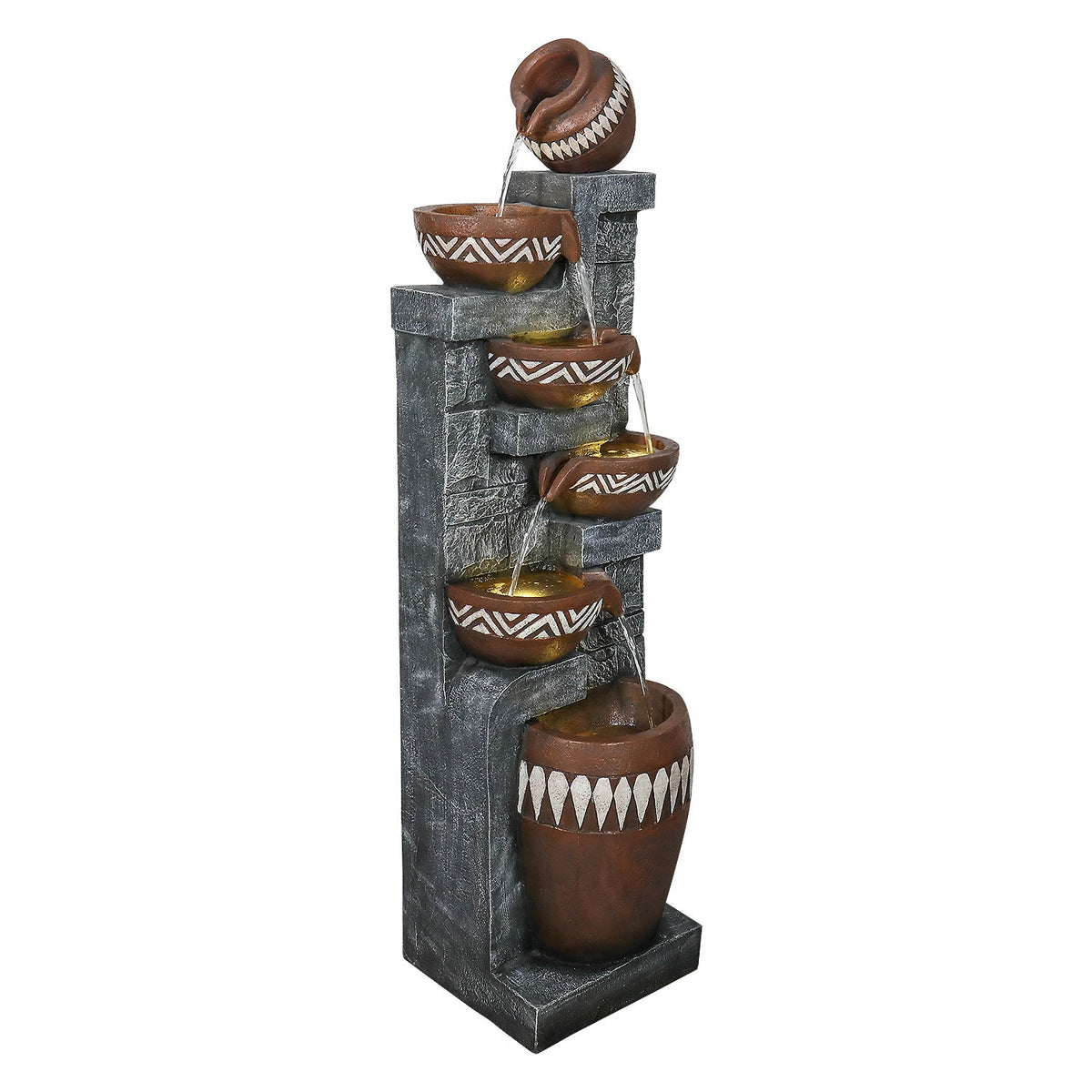 Resin Bohemian 6 Tier Tall Outdoor Water Fountain shown from an angled side view against white.