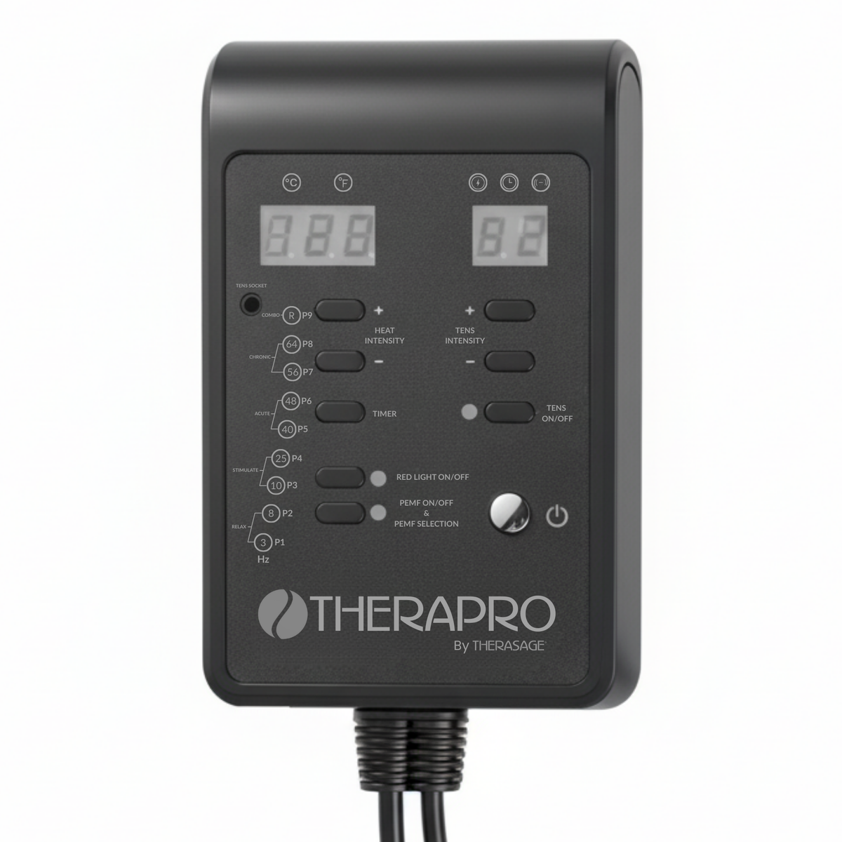 TheraPro™ PEMF controller shown close up, with display windows, buttons, and cables against a white background.