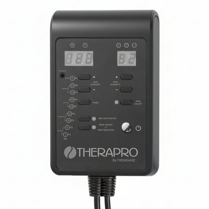 TheraPro™ PEMF controller shown close up, with display windows, buttons, and cables against a white background.