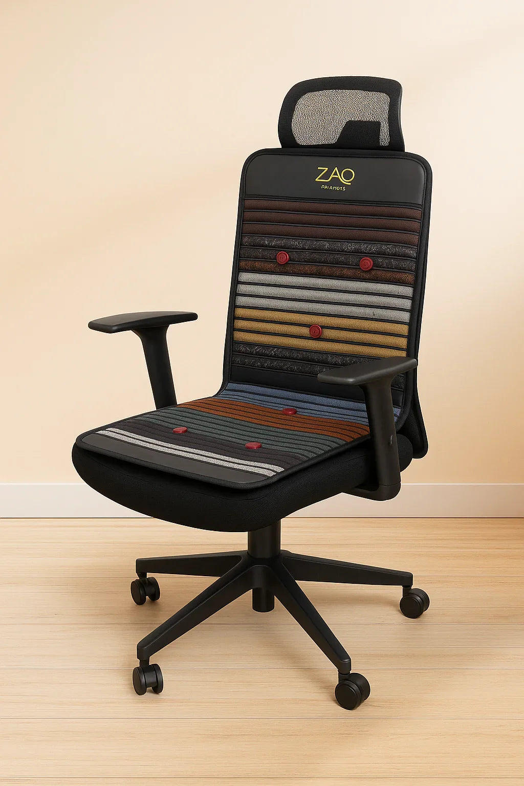 Infrared PEMF Travel Mat draped over an office chair, showing its striped surface and red circular details.