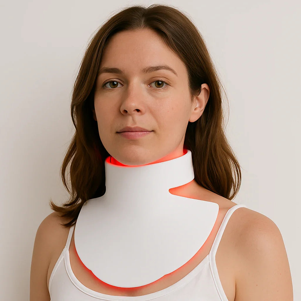 A woman wears the Noor 2.0 LED Light Therapy Neck & Chest Mask, with a red glow along its edges.