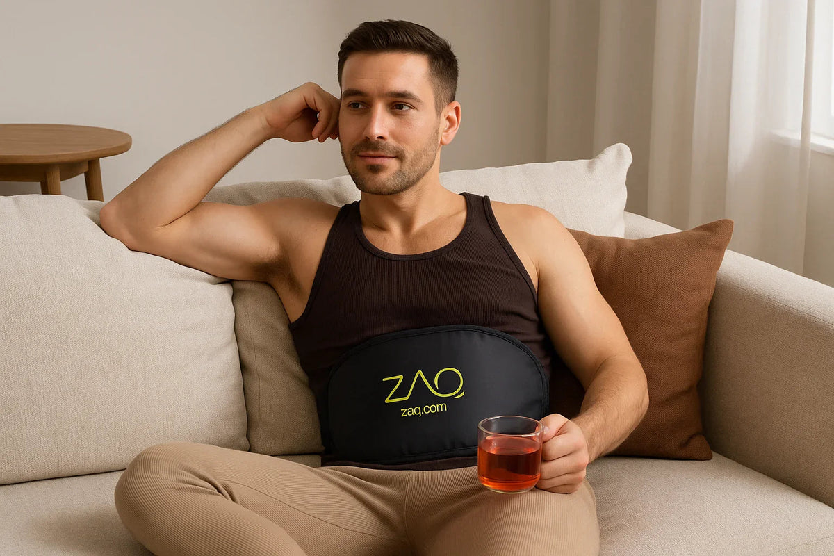 A man sits on a couch holding a cup while wearing a REVA Multifunctional Infrared Heat belt.