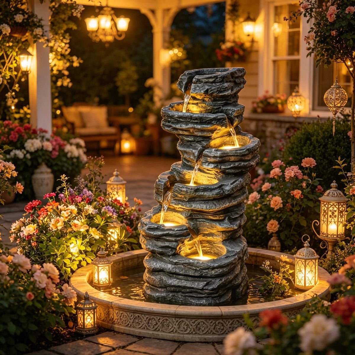 Resin 6 Tier Rock Cascade Outdoor Fountain 40 Inch LED trickles into a round basin in a lantern-lit flower garden at night.