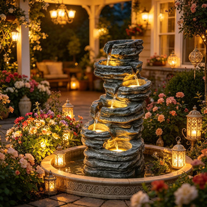 Resin 6 Tier Rock Cascade Outdoor Fountain 40 Inch LED trickles into a round basin in a lantern-lit flower garden at night.