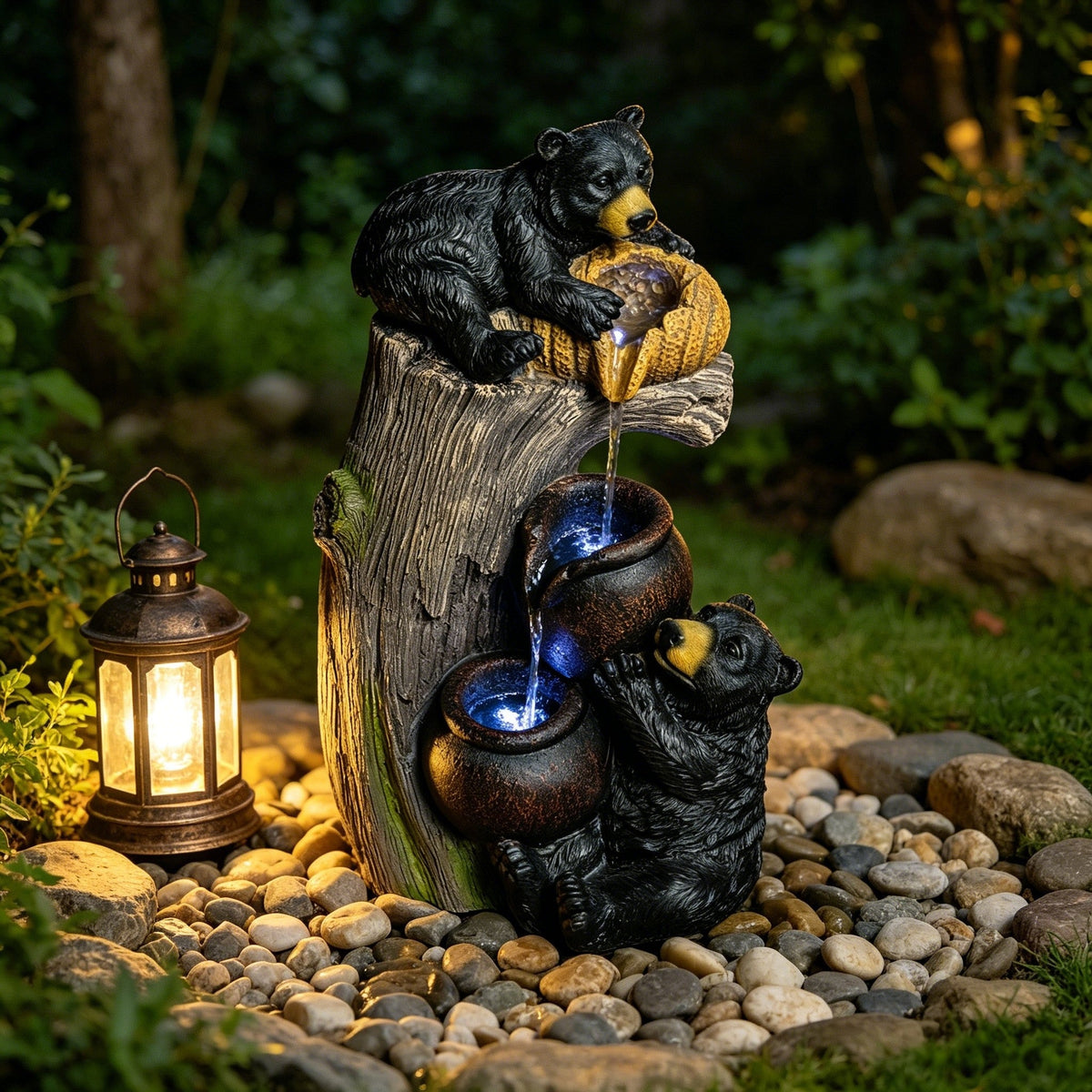 Resin Black Bear Outdoor Water Fountain glowing among garden stones beside a lit outdoor lantern.