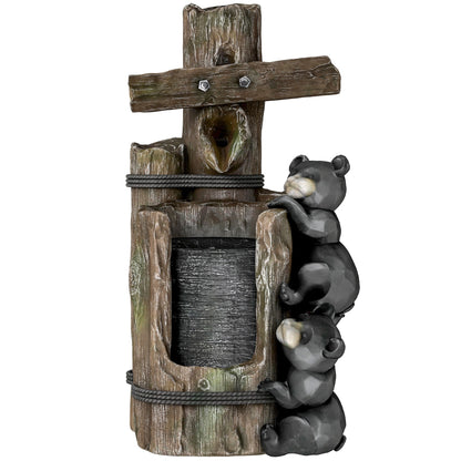 Resin Bear Fountain Two Cubs on Timber Post shown alone against a white background, with both cubs climbing the basin.