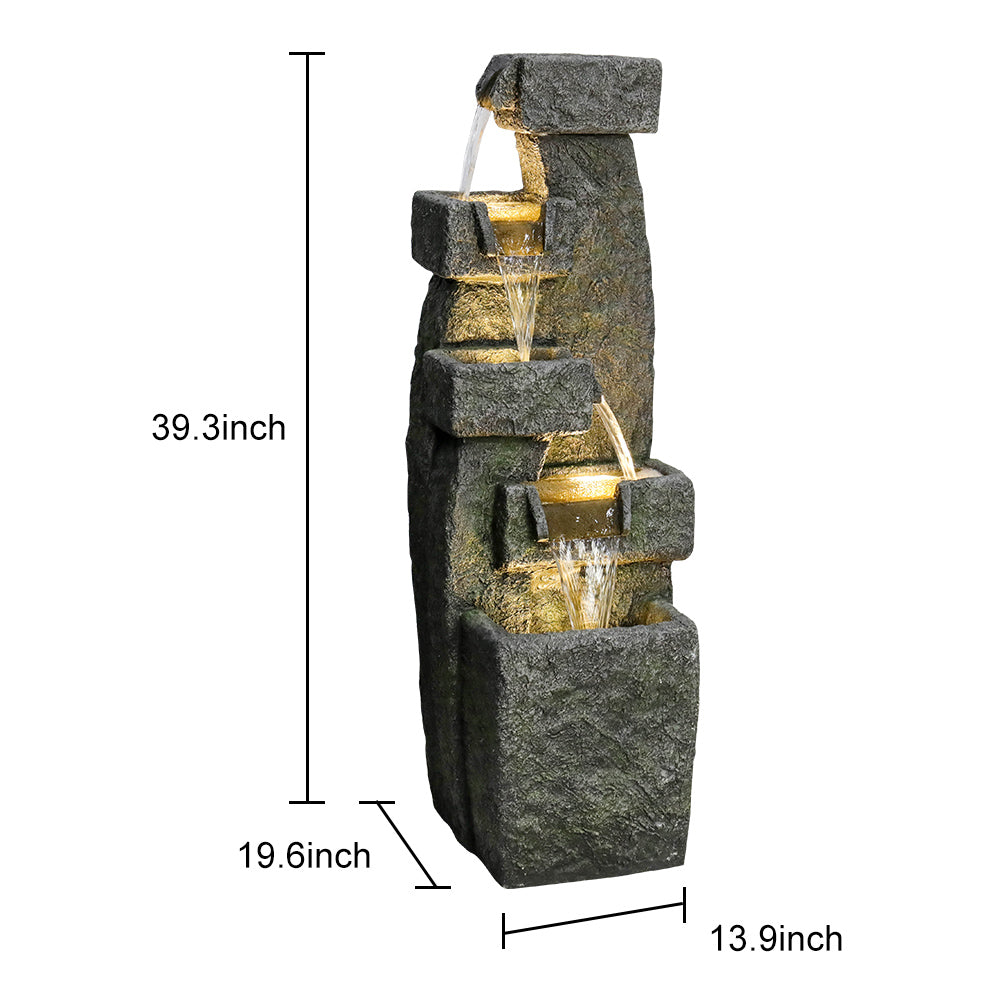Resin Tiered Outdoor Fountain 5 Tier Modern LED shown with water cascading through glowing basins and measurement lines.