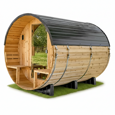 Backyard Discovery Paxton Cedar Barrel Sauna with Porch – 4–6 Person