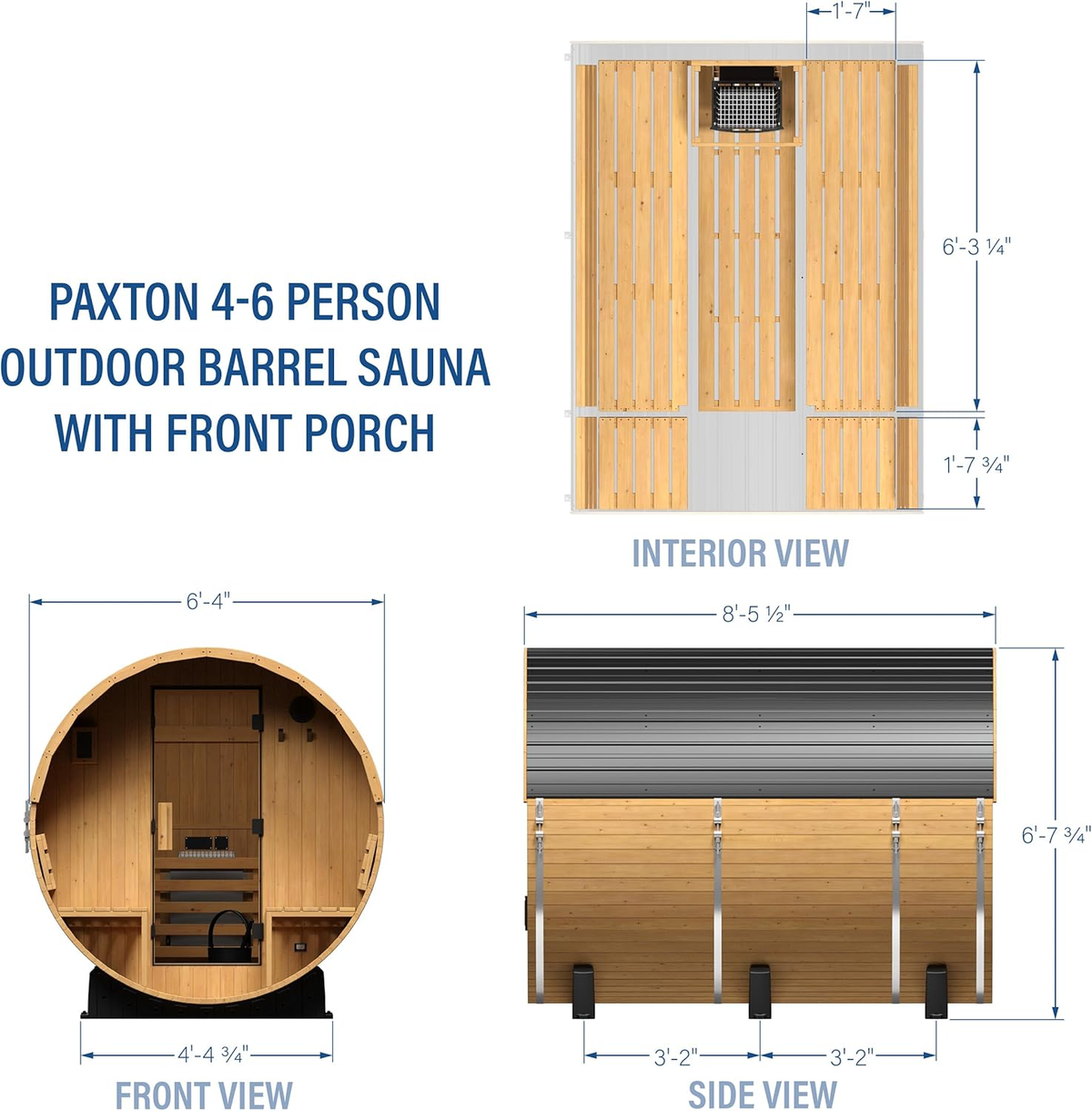 Paxton 4-6 Person Traditional Cedar Outdoor Barrel Sauna with Electric Sauna Heater, Front Porch, Sauna Rocks, Dry Heat, Steam Sauna, LED Lights, Wi-Fi Panel, Sauna Accessories — product view 2