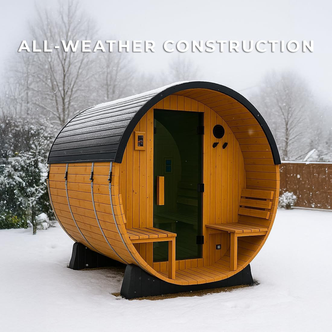 Paxton 4-6 Person Traditional Cedar Outdoor Barrel Sauna with Electric Sauna Heater, Front Porch, Sauna Rocks, Dry Heat, Steam Sauna, LED Lights, Wi-Fi Panel, Sauna Accessories — product view 3