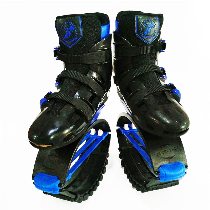 Jumper Stilt Fitness Kangaroo Boots in black with blue accents, shown upright on a white background.
