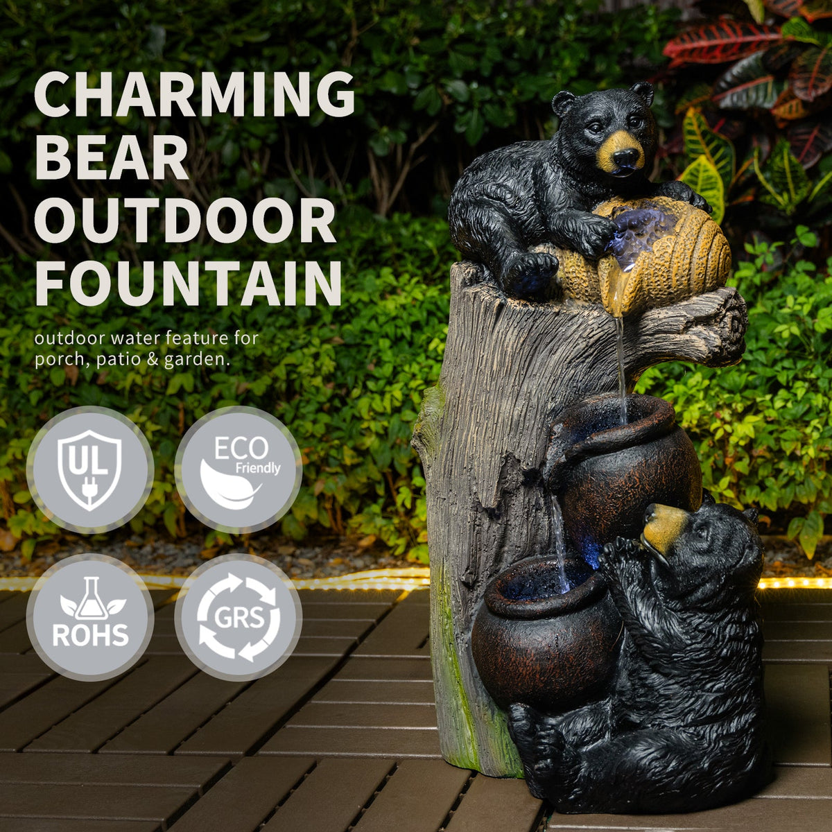 Resin Black Bear Outdoor Water Fountain on a deck, shown beside promotional text and circular icons.