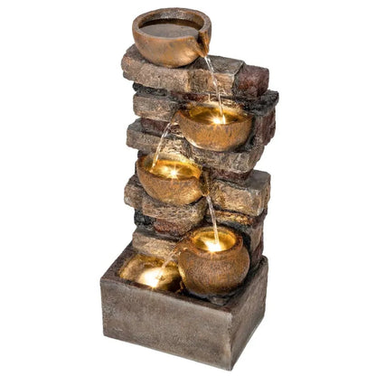 Resin Stacked Stone Bowl Cascade Fountain 28 Inch shown alone against a white background, with water spilling between bowls.