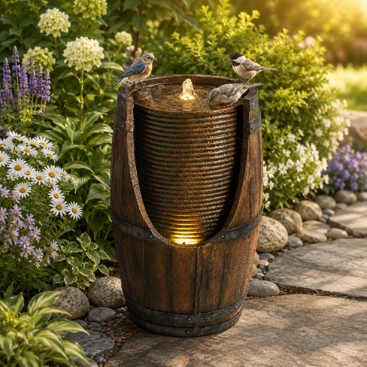 Resin Rustic Barrel Outdoor Water Fountain 24 Inch LED with three birds at the glowing water, amid flowers and garden stones.