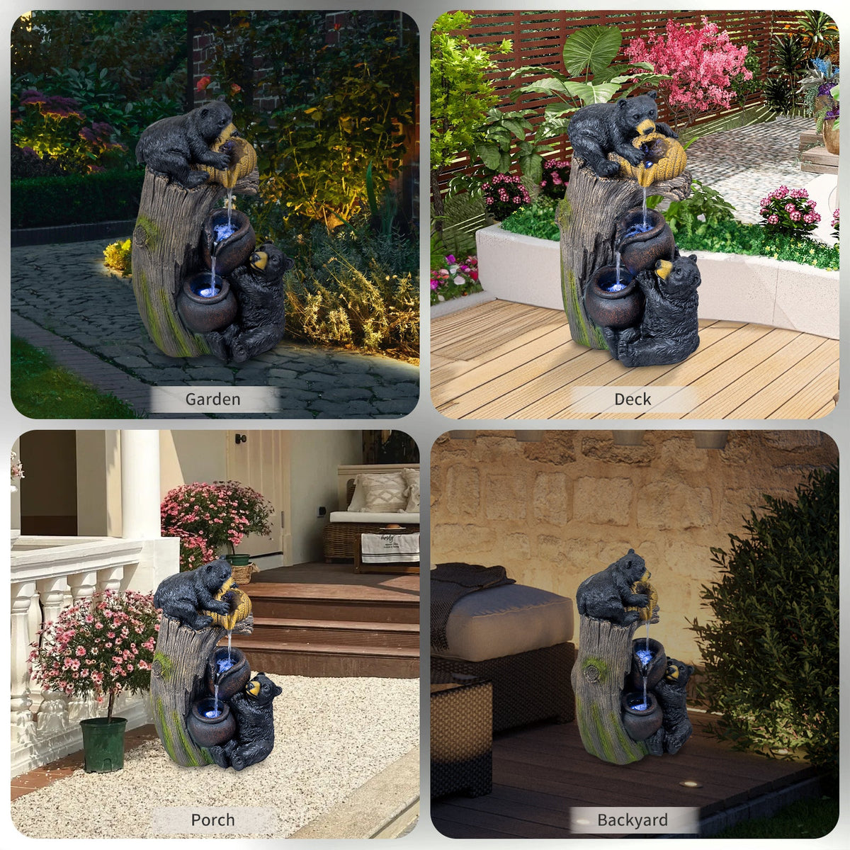 Resin Black Bear Outdoor Water Fountain shown in garden, deck, porch, and backyard settings.