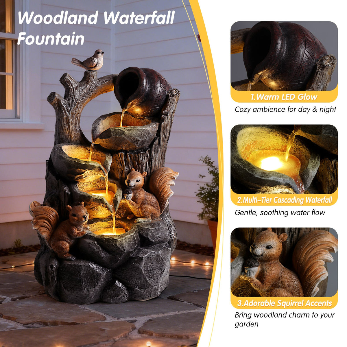 Resin Squirrel Tree Stump Outdoor Fountain 30 Inch LED beside close-up panels of its glowing water bowl and squirrel figure.