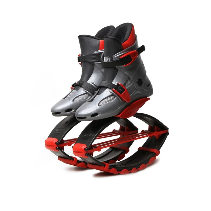 Jumper Stilt Fitness Kangaroo Boots in gray with red accents, paired against a white background.