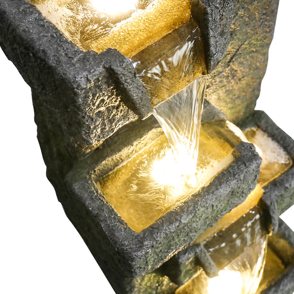 Resin Tiered Outdoor Fountain 5 Tier Modern LED close-up shows water spilling between illuminated basins.