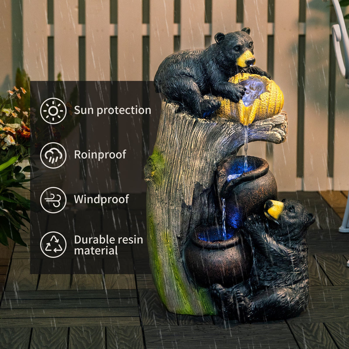 Resin Black Bear Outdoor Water Fountain on a deck beneath falling rain, beside feature icons and text.