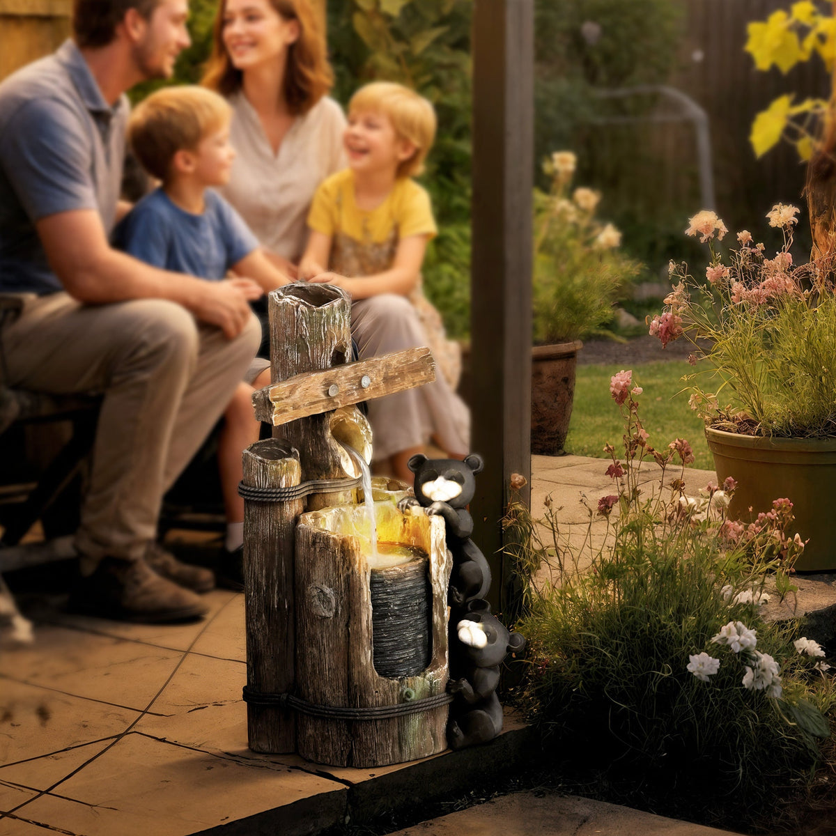 Resin Bear Fountain Two Cubs on Timber Post in a garden beside a family seated on a patio bench.