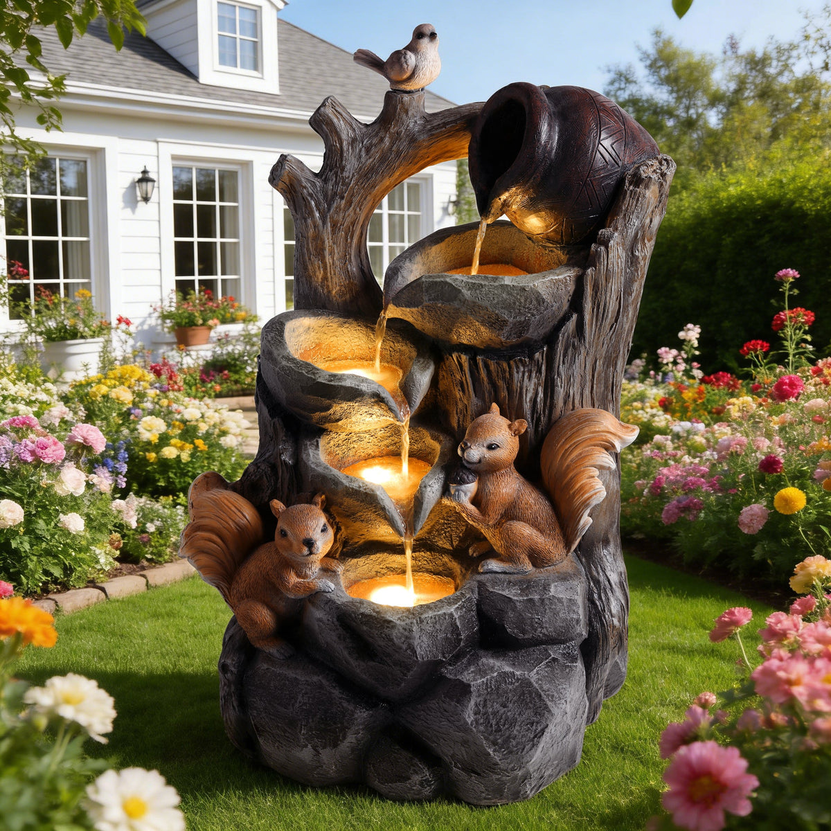 Resin Squirrel Tree Stump Outdoor Fountain 30 Inch LED stands among colorful garden flowers beside a white house.