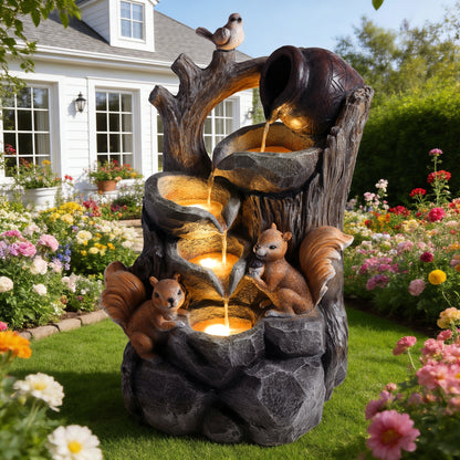 Resin Squirrel Tree Stump Outdoor Fountain 30 Inch LED stands among colorful garden flowers beside a white house.