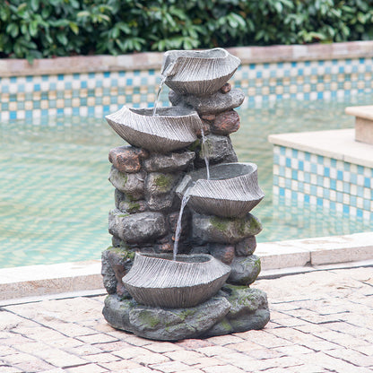 Resin Fluted Basin Tiered Outdoor Water Fountain 650 GPH outdoors beside a pool.