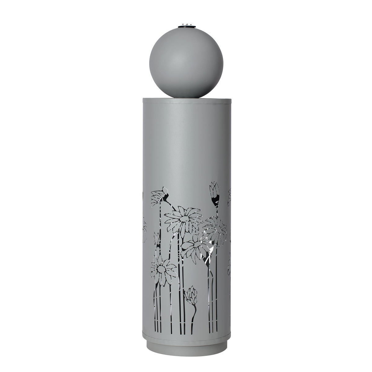 Metal Sphere Water Fountain Outdoor shown against white with dark floral cutouts on its gray column.