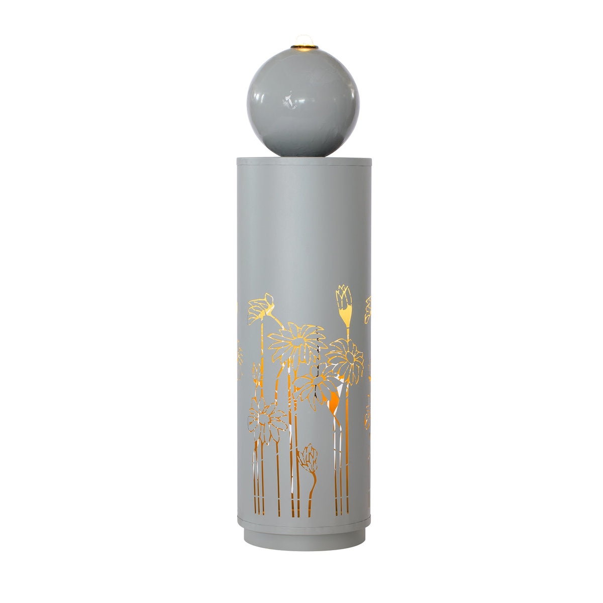 Metal Sphere Water Fountain Outdoor shown straight on against a plain white background, with golden floral cutouts.