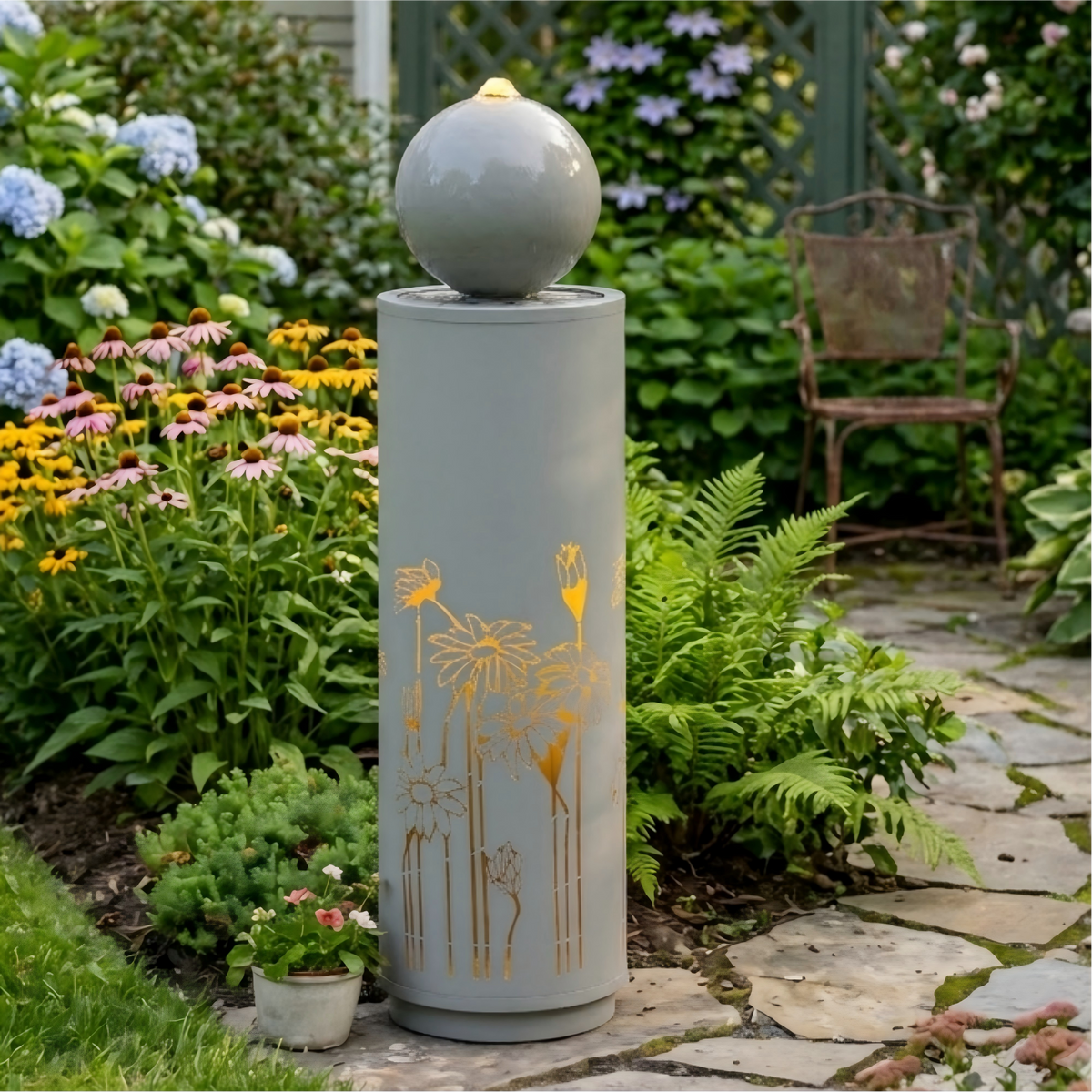 Metal Sphere Water Fountain Outdoor stands among coneflowers and ferns along a stone garden path.