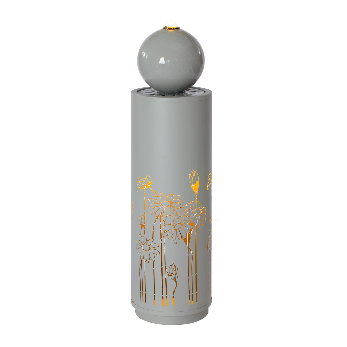 Metal Sphere Water Fountain Outdoor shown from a slight angle, revealing the patterned top and golden floral cutouts.