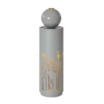 Metal Sphere Water Fountain Outdoor shown from a slight angle, revealing the patterned top and golden floral cutouts.