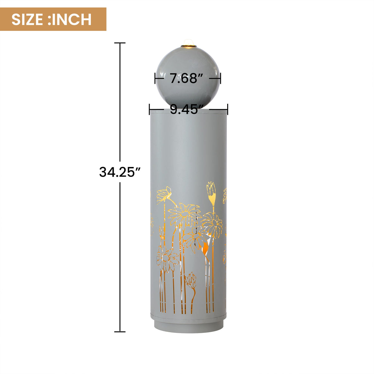 Metal Sphere Water Fountain Outdoor with inch measurements marked beside the sphere and column on a white background.