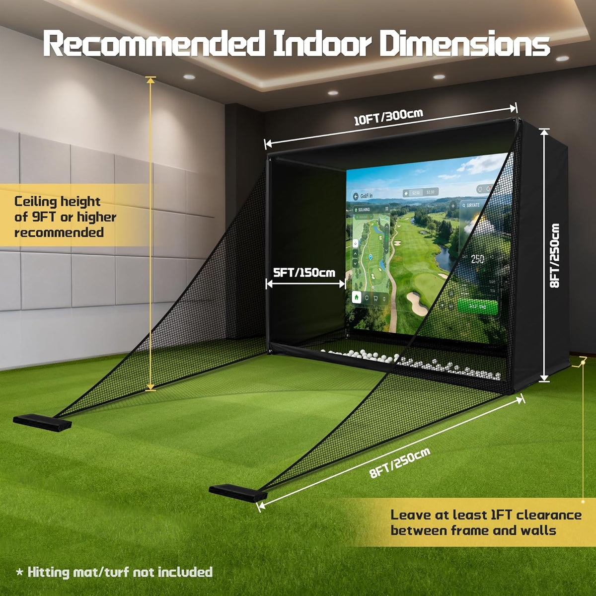Golf Simulator Enclosure Net 10X8Ft Golf Practice Simulator with HD Impact Screen Kit & Sturdy EPE Foam-Filled Frame Golfs Cage Net with Safety Side Nets for Home Indoor Setup — product view 2