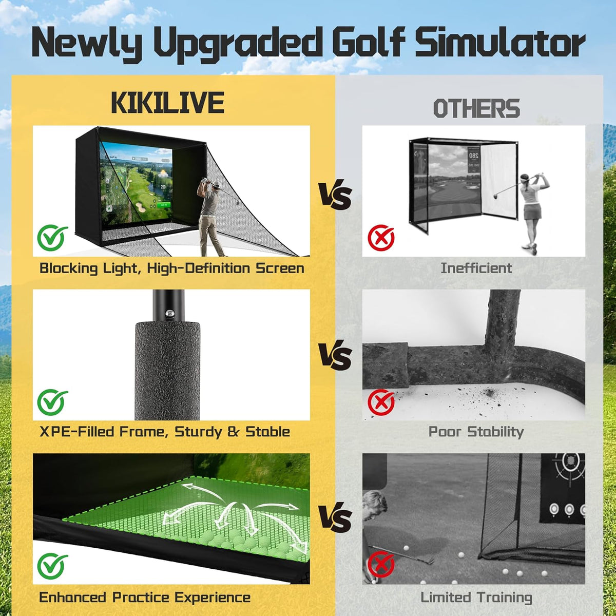 Golf Simulator Enclosure Net 10X8Ft Golf Practice Simulator with HD Impact Screen Kit & Sturdy EPE Foam-Filled Frame Golfs Cage Net with Safety Side Nets for Home Indoor Setup — product view 3