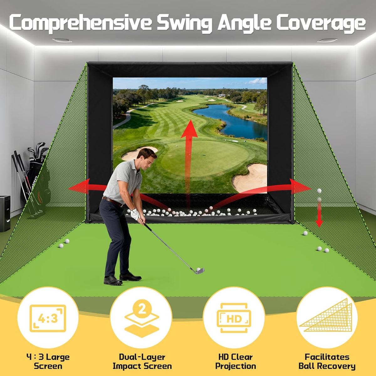 Golf Simulator Enclosure Net 10X8Ft Golf Practice Simulator with HD Impact Screen Kit & Sturdy EPE Foam-Filled Frame Golfs Cage Net with Safety Side Nets for Home Indoor Setup — product view 6