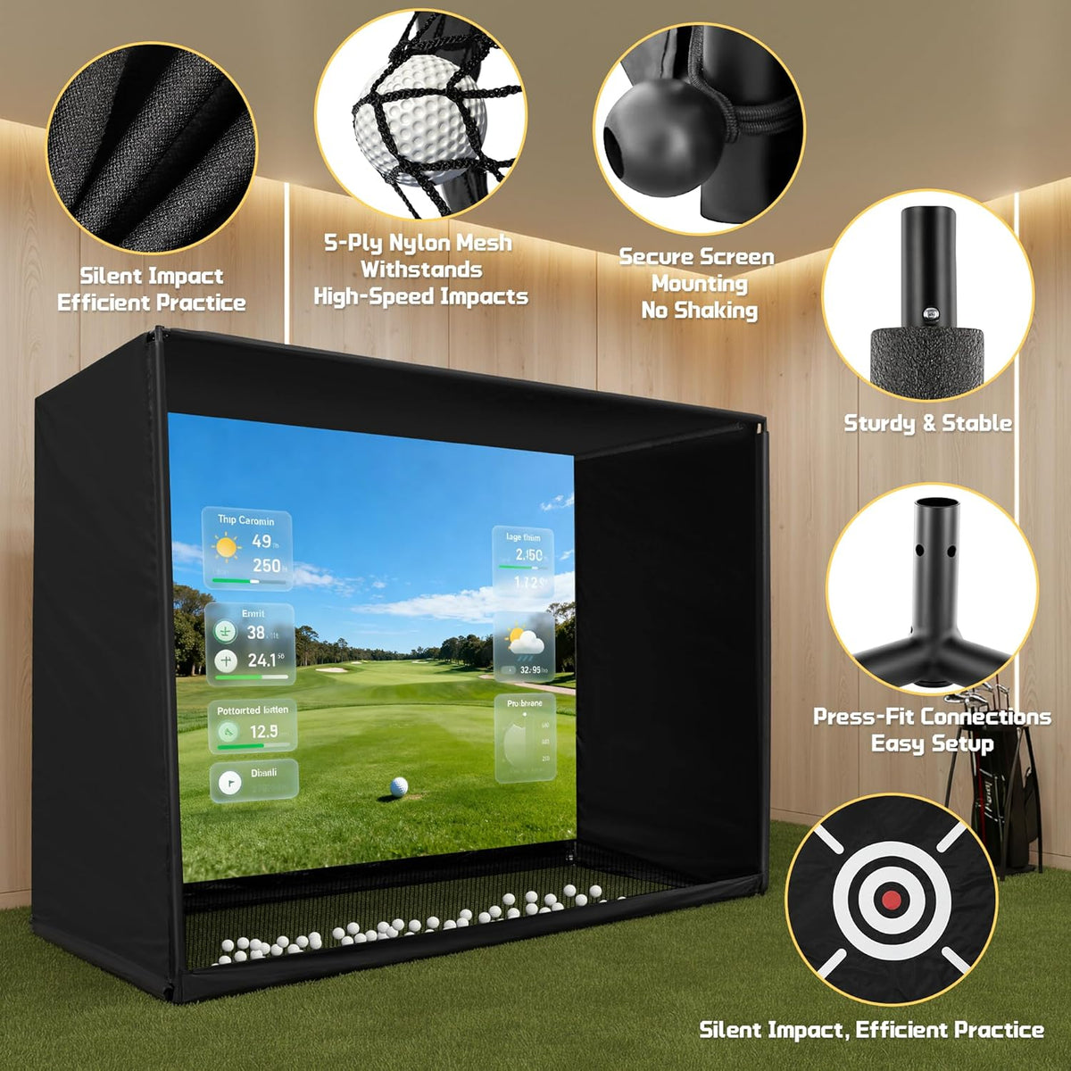 Golf Simulator Enclosure Net 10X8Ft Golf Practice Simulator with HD Impact Screen Kit & Sturdy EPE Foam-Filled Frame Golfs Cage Net with Safety Side Nets for Home Indoor Setup — product view 7