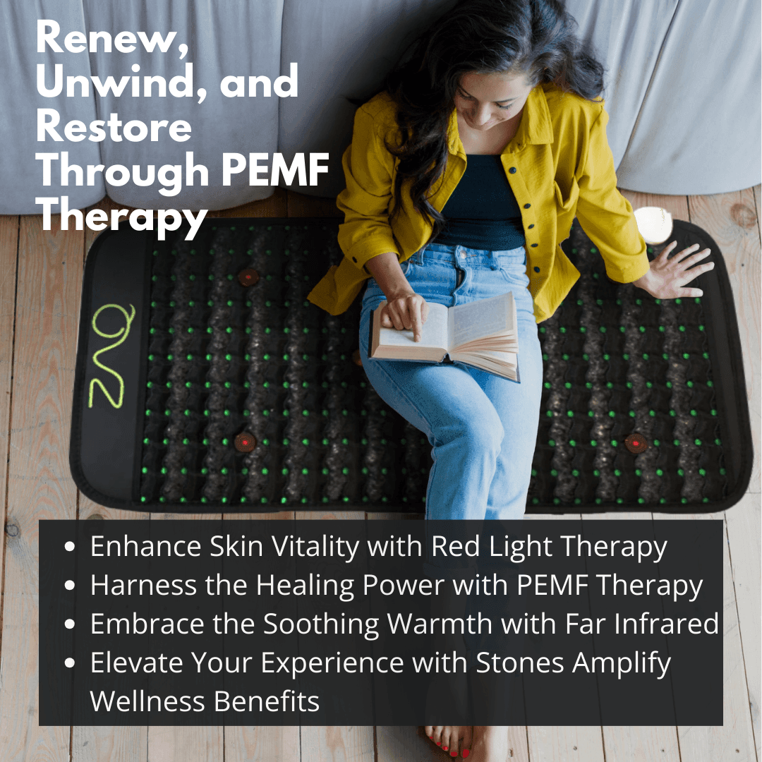 A woman sits reading on the Infrared PEMF Travel Mat on a wood floor, with text overlays.