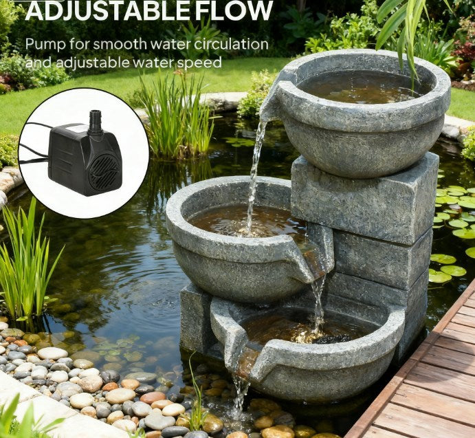 Resin Offset Bowl Cascading Outdoor Water Fountain pours into its bowls by a pond, with a pump inset.