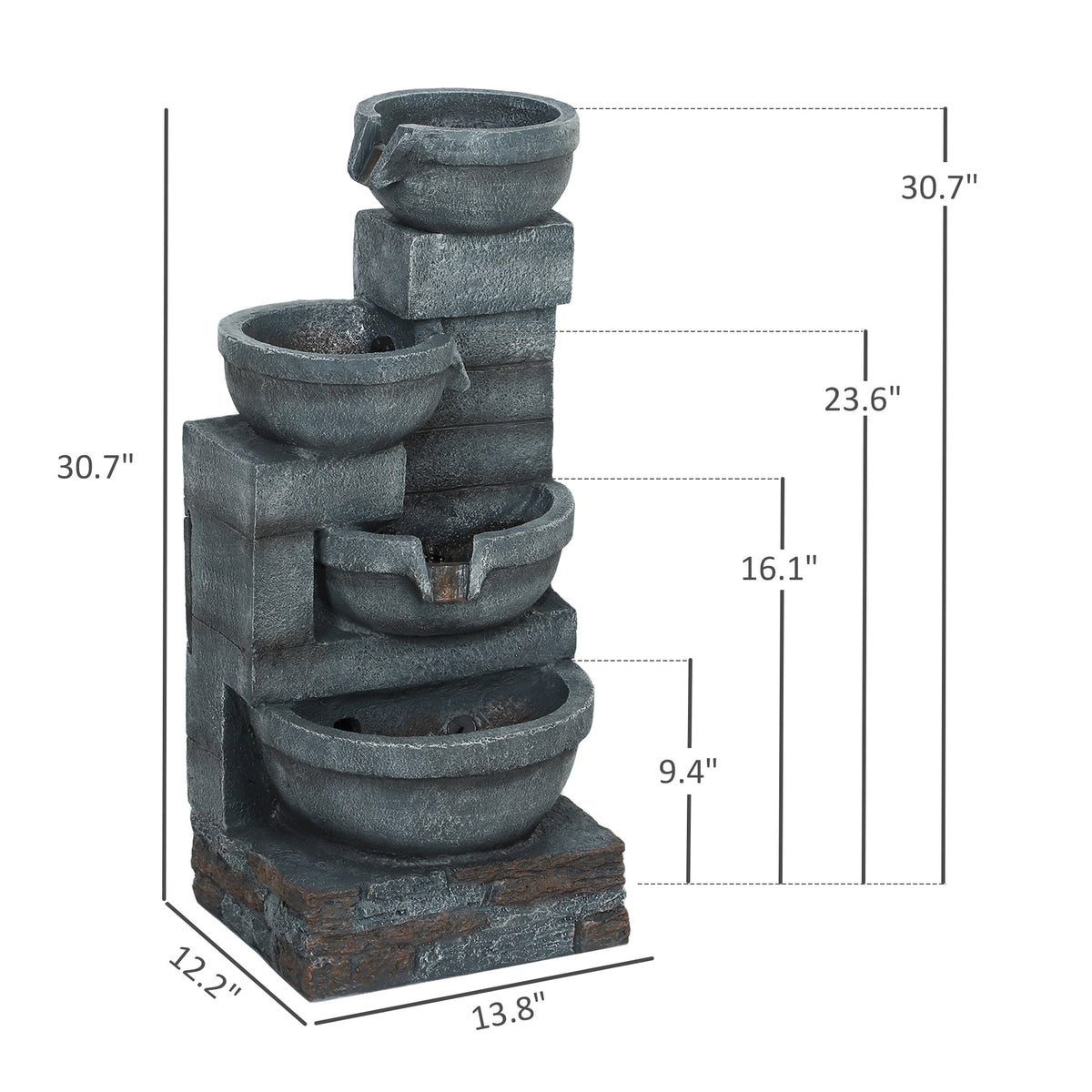 Resin Offset Bowl Cascading Outdoor Water Fountain shown on white with measurement lines and labels.