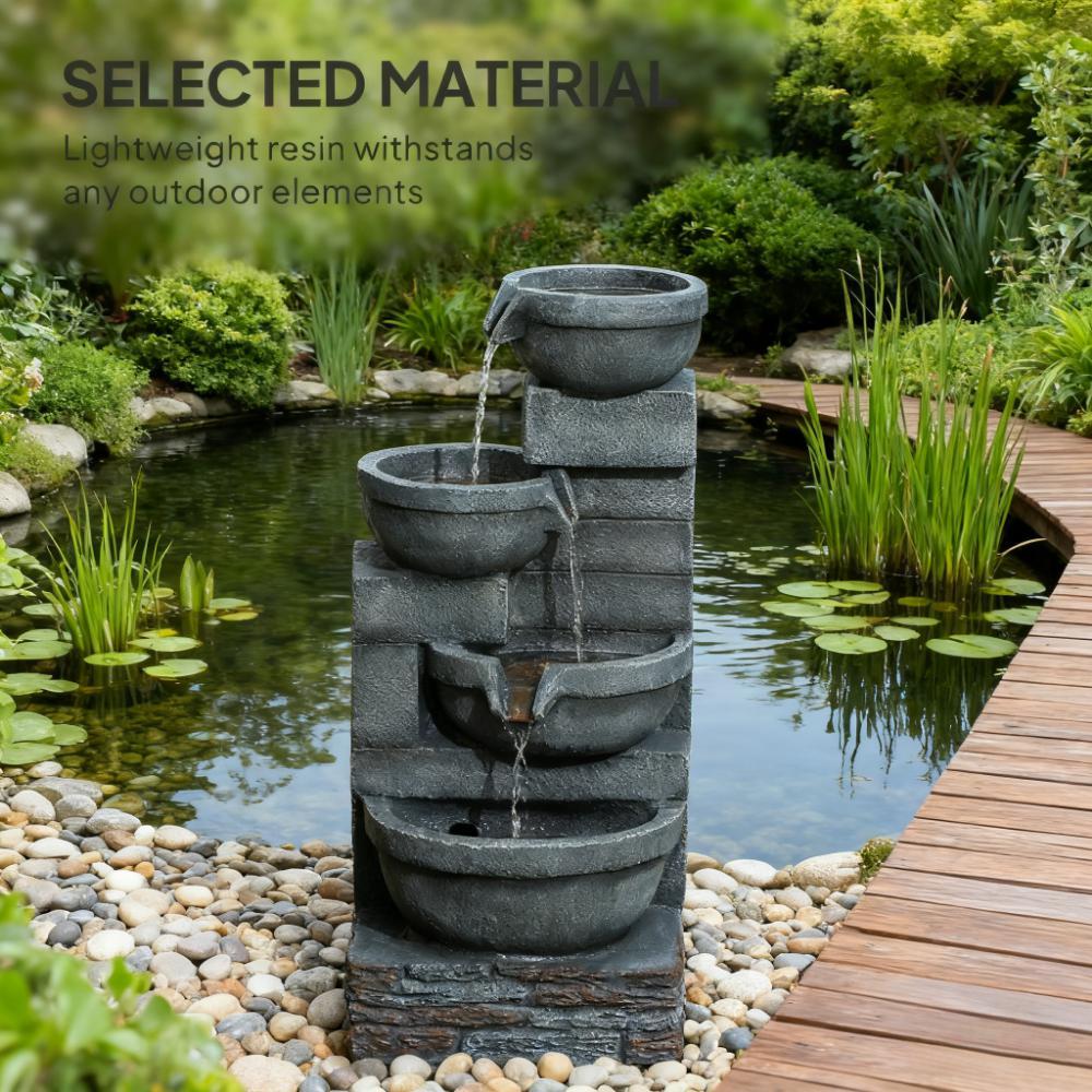 Resin Offset Bowl Cascading Outdoor Water Fountain stands by a garden pond and wooden walkway, with text overlay.