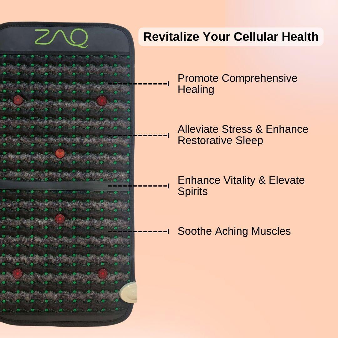 Close view of the Infrared PEMF Travel Mat beside a graphic listing wellness claims.