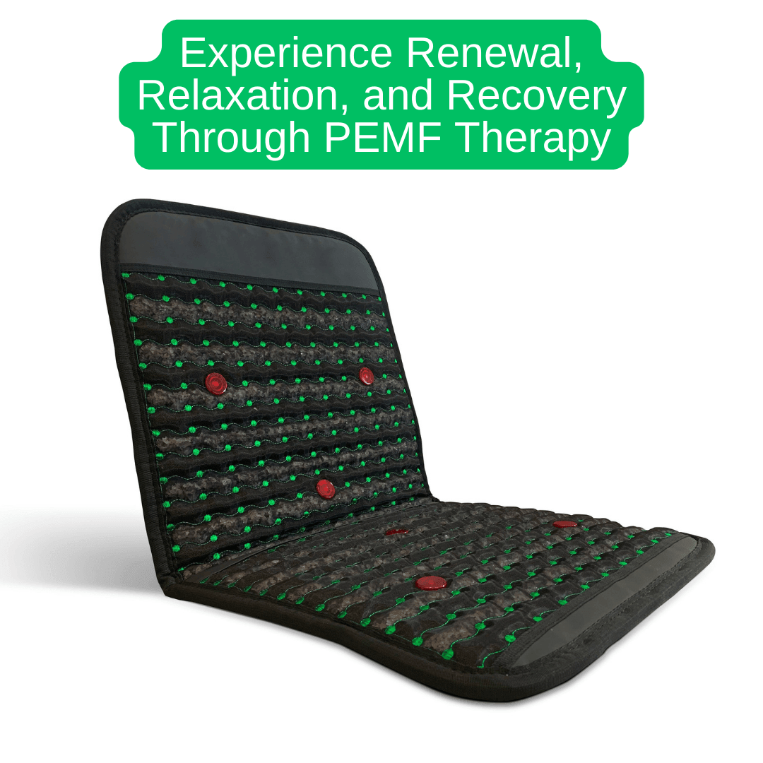 Infrared PEMF Travel Mat open at an angle on white beneath a green PEMF therapy headline.